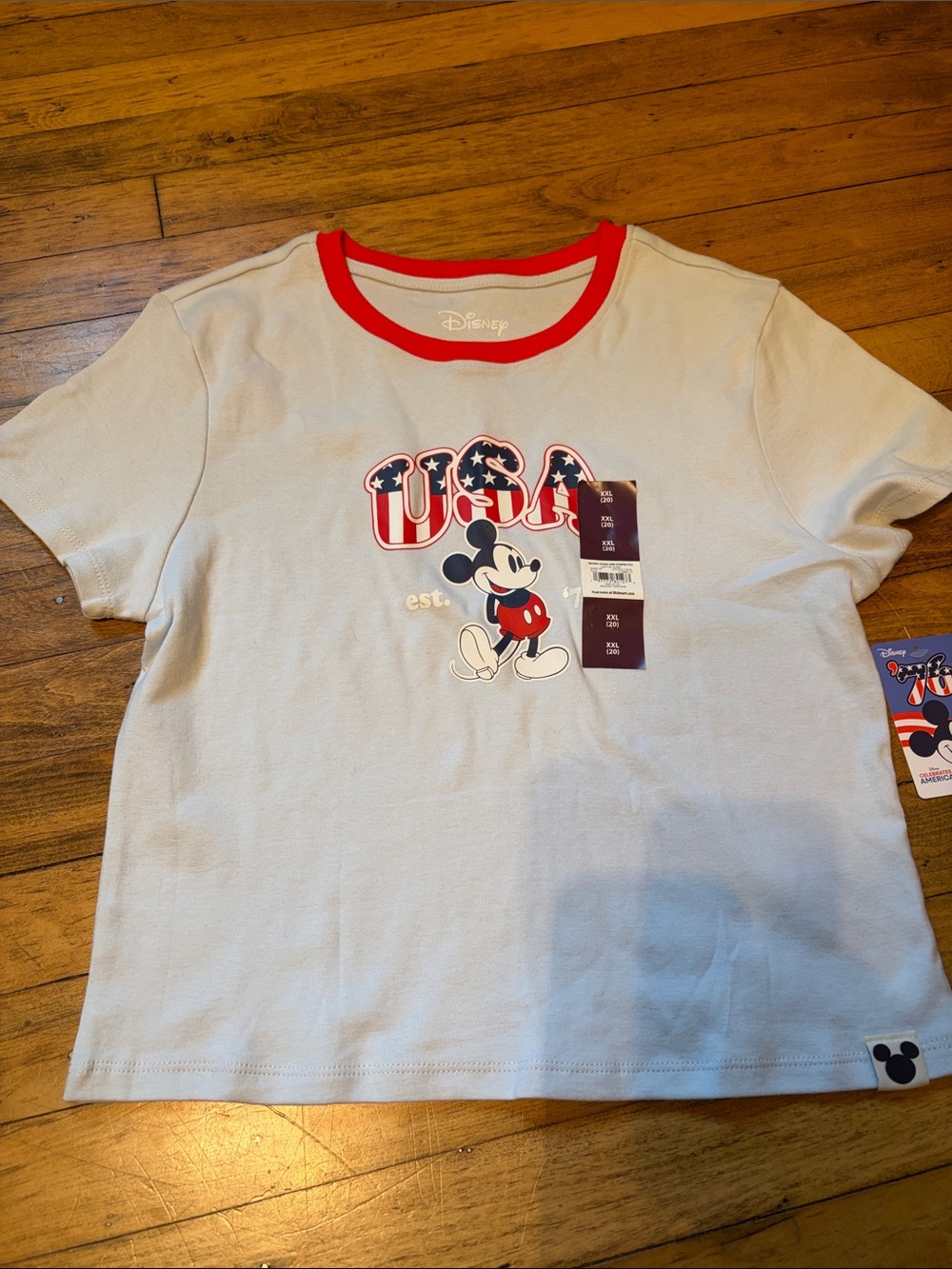 Disney Mickey Mouse USA Graphic Baby Doll Tee - Baby Blue, White & Red